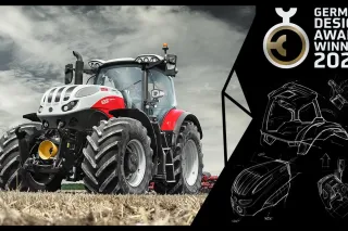 Traktor Steyr Terrus CVT na grafice k ocenění German Design Award 2022.