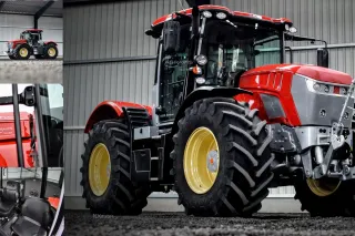 Koláž fotografií červeného traktoru JCB Fastrac Schlüter Edition