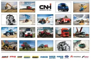 Koláž strojů a značek koncernu CNH Industrial