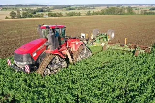 Červený pásový traktor Case IH Quadtrac 620 na poli