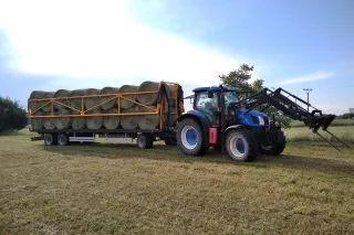 Modrý traktor New Holland T6020 s přívěsem na louce