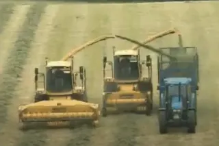 Sklízecí řezačky New Holland při práci; náhled historického videa