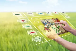 Grafika systému NEXT Machine Management propojující značky zemědělské techniky