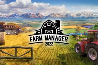 Ilustrace hry Farm Manager 2022 s farmou a traktorem.