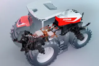 Vizualizace traktoru Steyr s vyobrazeným hybridním pohonem.