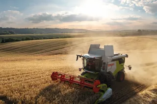 Sklízecí mlátička CLAAS s adaptérem VARIO při sklizni obilí.