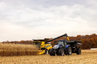Sklízecí mlátička New Holland vykládá kukuřici do vozu za traktorem.