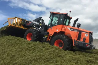 Oranžový kolový nakladač Doosan při práci se siláží.