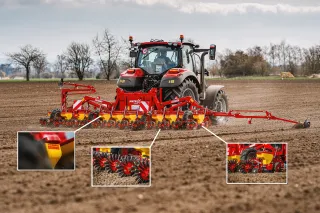 Traktor se secím strojem Grimme Matrix na poli s detaily stroje v malých výřezech