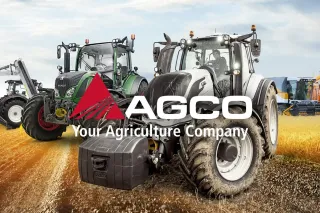 Koláž zemědělských strojů a logo společnosti AGCO
