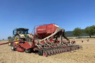 Traktor s červeným secím strojem Horsch Pronto na poli