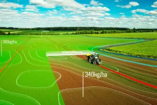 Grafika precizního zemědělství s traktorem na poli