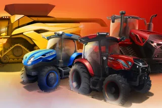 Ilustrace traktorů Case IH a New Holland a kombajnu New Holland