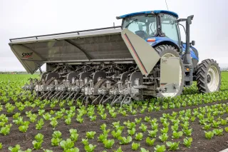 Kultivátor Stout za modrým traktorem New Holland na poli