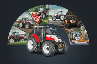 Koláž traktorů Steyr Multi s různým příslušenstvím