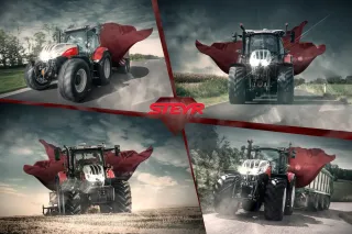 Koláž čtyř traktorů Steyr ztvárněných jako superhrdinové.