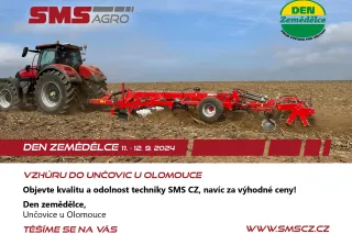 Plakát SMS CZ na Den zemědělce s traktorem a červeným kypřičem.