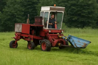 Starší červený samojízdný žací stroj s řidičem na louce