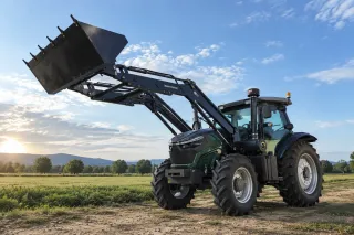 Tmavý traktor Donol s čelním nakladačem na poli