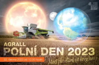 Grafická pozvánka na polní den AGRALL 2023 se sklízecí mlátičkou