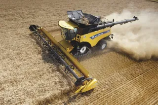 Žlutá pásová sklízecí mlátička New Holland v obilném poli