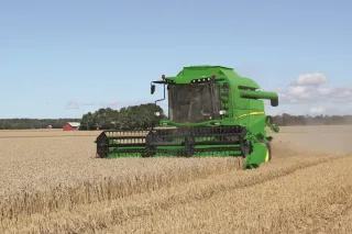 Zelená sklízecí mlátička John Deere v obilném poli