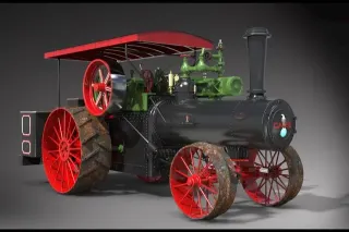 Historický parní traktor Case se zeleným motorem a červenými koly