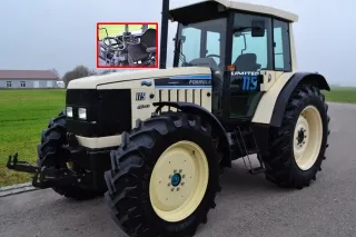 Bílý traktor Lamborghini Formula 115 Limited na travnatém pozemku s vloženým detailem kabiny