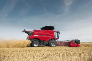 Červená sklízecí mlátička Case IH na obilném poli