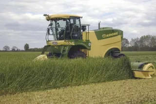 Zelená samojízdná žací technika Krone BiG M na louce