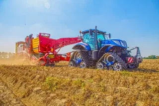 Modrý pásový traktor New Holland se sklízečem brambor na poli