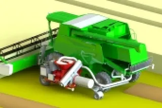 Ilustrace zelené sklízecí mlátičky s technologií zpracování plev