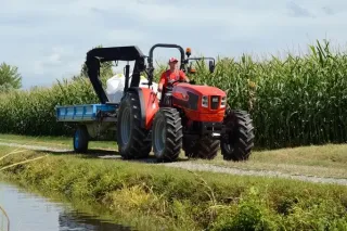 Červený traktor Same Argon s přívěsem u kukuřičného pole
