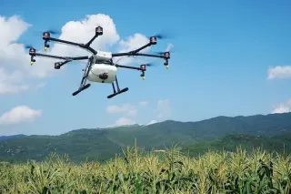 Postřikovací dron nad porostem kukuřice