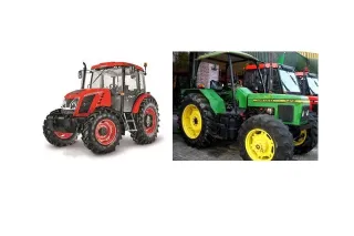 Srovnání červeného traktoru Zetor a zeleného traktoru John Deere