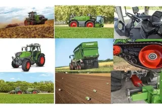 Koláž traktorů a zemědělských strojů Fendt