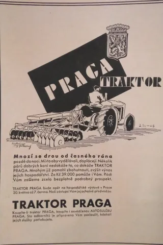 Originální dobová reklama na traktor Praga