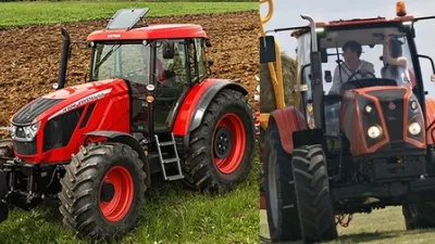 Koláž dvou červených traktorů Ursus a Zetor