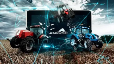 Grafická koláž traktorů značek koncernu Argo Tractors