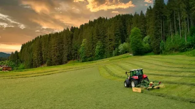 Posečená louka u lesa při západu slunce