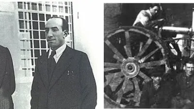 Pohled na zakladatele Francesca a Eugenio Giovanni Cassani. První dělníci a Francesco uprostřed, obrázek z roku 1912 (vpravo)