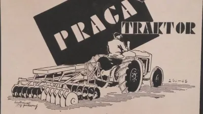 Detail dobové reklamy na traktor Praga