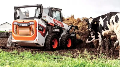 Smykem řízený nakladač Bobcat vedle dojnic