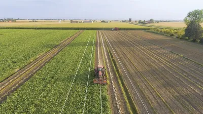 Letecký pohled na zemědělský stroj pracující v pásových řádcích pole