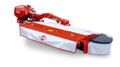 Červenobílý vzadu nesený žací stroj Kuhn FC 3515 D na šedém pozadí.