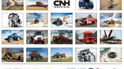 Koláž strojů a značek koncernu CNH Industrial