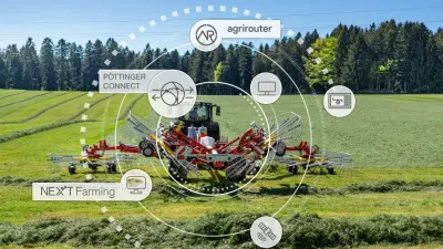Grafika telemetrické jednotky Pöttinger CONNECT nad strojem na louce