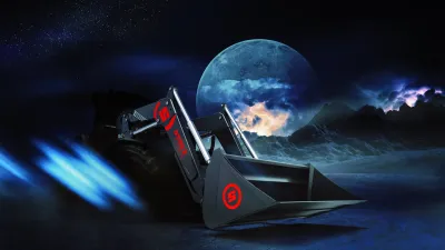 Reklamní grafika čelního nakladače STOLL s lopatou na nočním pozadí.