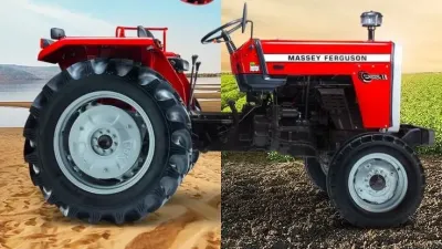 Červený traktor Massey Ferguson 241 DI Dynatrack ve srovnávacím snímku.