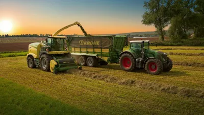 Řezačka Krone plní přívěs za traktorem při sklizni píce.